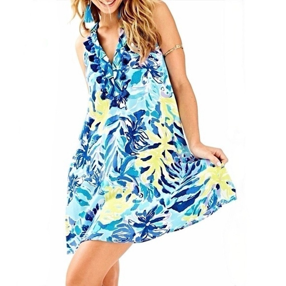 Lilly Pulitzer Achelle Swing Mini Dress Ylang Ylang Love Print Blue Yellow XXS